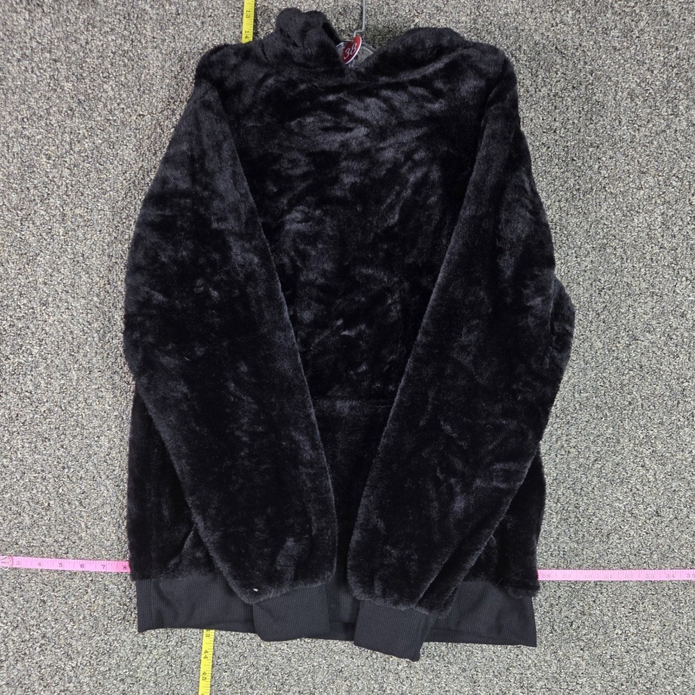 Orange Kiss Faux Fur Hoodie Women Large Black Plush Pullover Kangaroo Pocket